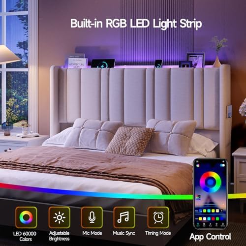 ONBRILL Queen Size Headboard with Storage, LED Light, Off White