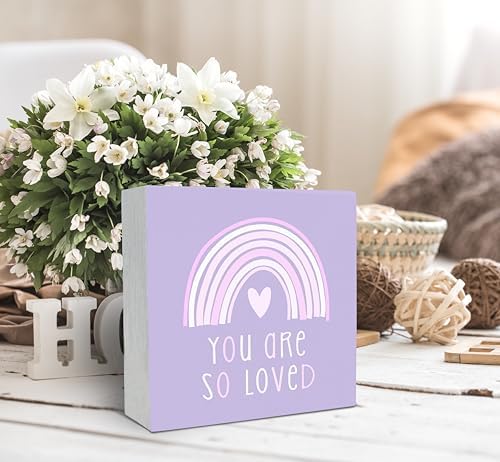 SRADMO You Are So Loved Rainbow Heart Wood Box Sign Desk Decor, Purple Kids Inspirational Quotes Wooden Block Box Sign Decoration for Kids Room Nursery Playroom Shelf Table Decorative Accessories