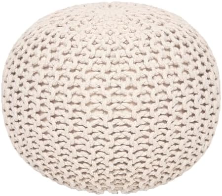 · REDEARTH · Round Pouf Ottoman - Hand Knitted Boho Poof Footrest - Ivory