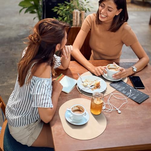 ADRIMER Oval Placemats Set of 8, Wipeable Faux Leather, Beige