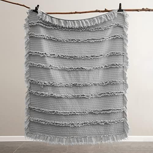 HORIMOTE HOME Stone Washed Quilted Throw Blanket with Ruffle Fringe Design - Soft & Chic Rustic Decorative Blanket for Couch, Bed, Chair - Pre-Washed Grey Boho Style - 50"x60"
