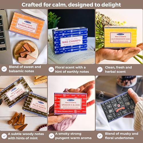 Nag Champa|Super Hit|Dragons Blood|Palo Santo|Sandalwood|Californian White Sage Variety Pack Backflow Incense Cones for Waterfall Aromatic Smoke Fountain Haze Falls and Mat Bundle - Pack of 6