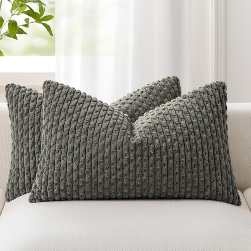 Kevin Textile Soft Corduroy 12"x20" Lumbar Pillow Covers 2 Pack, Dark Grey