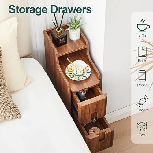 Narrow Nightstand Set of 2, Wood 2 Drawer Small Nightstand, Slim Side Table, Modern Skinny End Bedside Table, Natural Wood Night Stand with Drawers for Bedroom (Walnut-2 pcs)