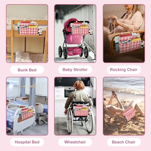 Surblue Bedside Caddy Hanging Bed Organizer Storage Bag Pocket for Bunk and Hospital Beds, College Dorm Rooms Baby Bed Rails, Camp 4 Pockets and 2 Hooks (Small,Red Plaid)