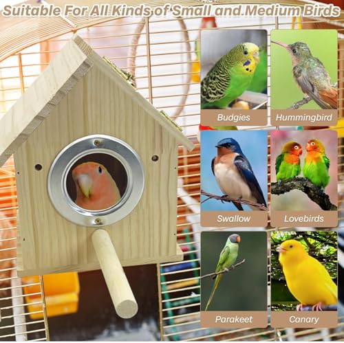PINVNBY Parakeet Nesting Box Wooden Bird House for Cage Parrot Breeding Mating Box for Lovebirds Cockatiel Finch Cockatoo Canary and Small and Medium-Sized Birds (M: 7.91 * 6.3 * 5.82 inch)