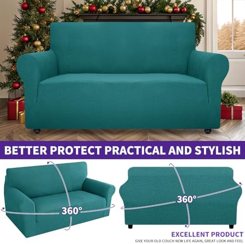 ZNSAYOTX Super Stretch Couch Cover Love Seat Sofa Covers for Living Room Dogs Pet Friendly Furniture Protector Spandex Loveseat Slipcovers with Anti Slip Foam Sticks (Peacock Teal, Loveseat)