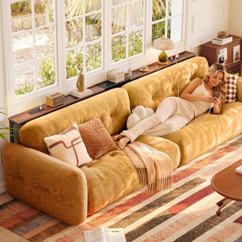 Huuger 94.5-110.2'' Extendable Behind Couch Table with Outlets, Rustic Brown