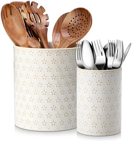 MALACASA LYDIA Ceramic Utensil Holder, 7.3"+5.5" Kitchen Utensil Crock Set for Countertop, Large & Small Utensil Organizers for Cooking Tools, Five-Leaf Grass Pattern