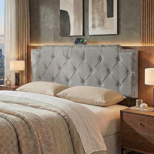 GIANTEX Headboard with Charging Station, Queen/Full Size Rivet Tufted Upholstered Head Board w/2 AC Outlets, USB & Type-C Ports, Rubber Wood Legs, Width Adjustable Modern Bed Headboard Only (Grey)