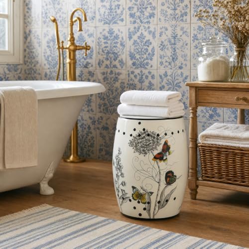 Ceramic Stool Accent Seat, End Table Butterfly Decor