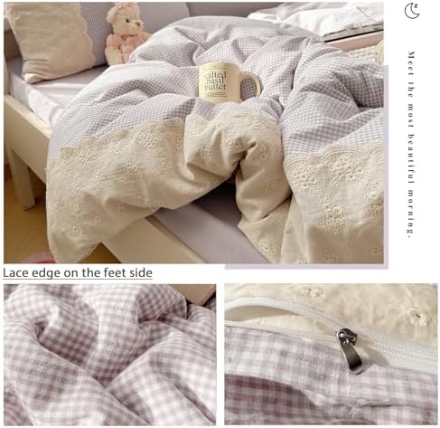 Lace Duvet Cover Set Twin(68"x86"),Lavender Gingham