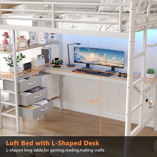 Jocoevol Twin Size Loft Bed with L-Shaped Desk, LED Lights,Charging Station, Industrial Heavy Duty Metal Loft Bed Frame with 3 Storage Shelves and 3 Fabric Drawers, Safety Guard & Ladder, White