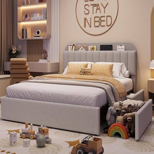 IDEALHOUSE Queen Bed Frame with 2 Flexible Drawers and Bookcase Headboard, Boucle Upholstered Platform Bed for Boys/Girls, Noise-Free, Easy Assembly, No Box Spring Needed, Gray