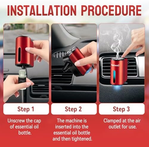 Featwell Car Air Freshener, Three Adjustable Modes Intelligent Aroma Diffuser, Rechargeable Car Diffuser Air Freshener, Red