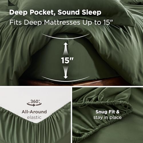 Bedsure Queen Duvet Cover with Fitted Sheet, Double Brushed Bedding, Green