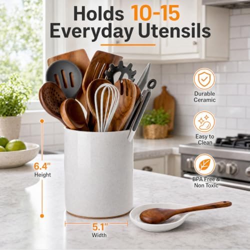 Ceramic Utensil Holder with Spoon Rest for Kitchen Counter, 6.4'' White