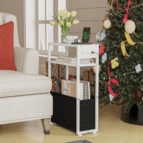 Leomonio Narrow Side Table, Slim Night Stand with Magazine Rack