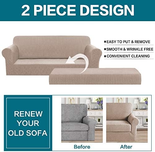 Turquoize Stretch Sofa Slipcover 2 Pieces Sofa Cover Couch Cover for 3 Cushion Couch Washable Furniture Protector Covers with Elastic Bottom Feature Thick Jacquard Fabric (Sofa, Sand)