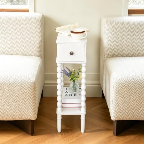 Fultyle Narrow White End Table, Slim Side Table with Drawer and Open Shelf