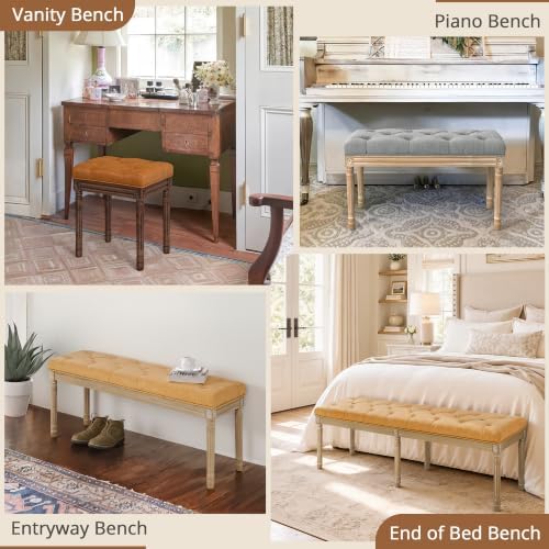 LUE BONA 44" Leather End of Bed Bench, Upholstered Tufted French Bedroom Bench with Carved Wood Legs for Bedroom End of King Size Bed, Living Room, Honey Tan