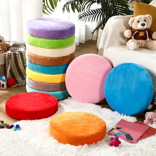 GlikCeil 12 Pcs Round Floor Pillow Cushions for Kids Classroom 15'' Soft Flexible Seating Classroom Elementary Extra Thick Floor Cushions for Daycare Kindergarten Reading Corner Library (Colorful)