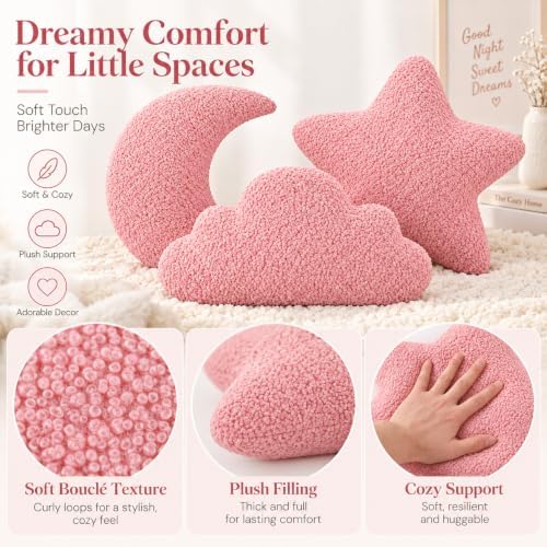 3 Pack Cloud Moon Star Shaped Throw Pillows 16 Inch Pink Plush Pillow Set