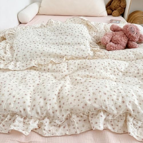 Vintage Flower Duvet Cover Set Muslin Cotton Twin(68"x86"),Ditsy Floral