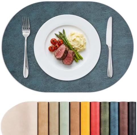 MOSAYT Vinyl Faux Leather Oval Placemats, Set of 6, Navy Blue