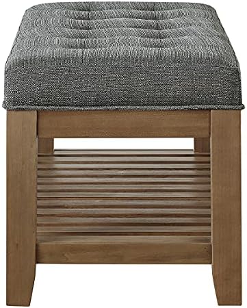 24KF Large Rectangular Upholstered Tufted Linen Fabric Ottoman Bench, Padded Bench with Solid Wood Shelf-Granite