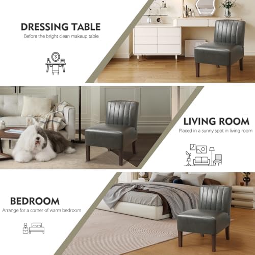 Armless Accent Chairs Upholstered Dining Chairs Living Room Chairs with Solid Wood Legs Leather Reading Chair for Adults Comfy Chair for Bedroom Vanity Kitchen (Grey)
