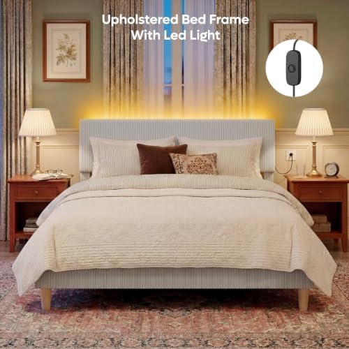 Bestier King Size Bed Frame with Headboard LED Light,Upholstered,Light Grey