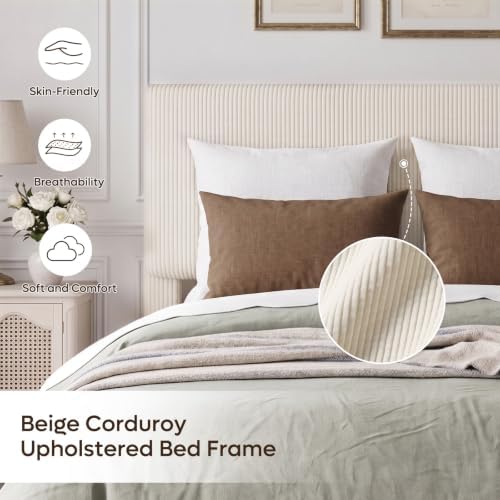 Bestier Queen Bed Frame with Headboard LED Lighting,Upholstered,Beige
