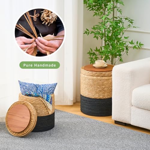 Nested White Round Pouf Ottoman Handwoven Natural Grass Pouffe Rattan Stool