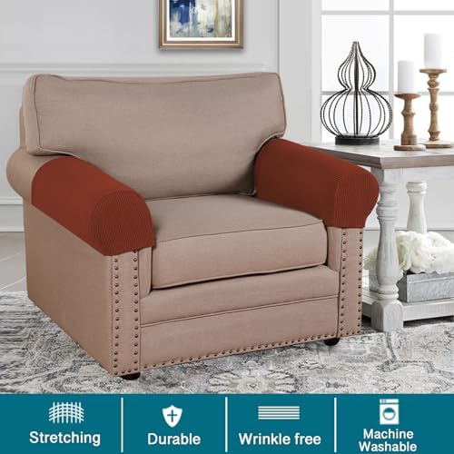 Turquoize Stretch Armrest Covers for Chairs and Sofas Couch Arm Covers for Sofa Spandex Jacquard Armrest Cover Anti-Slip Furniture Protector Armchair Slipcovers for Recliner Set of 2, Rust