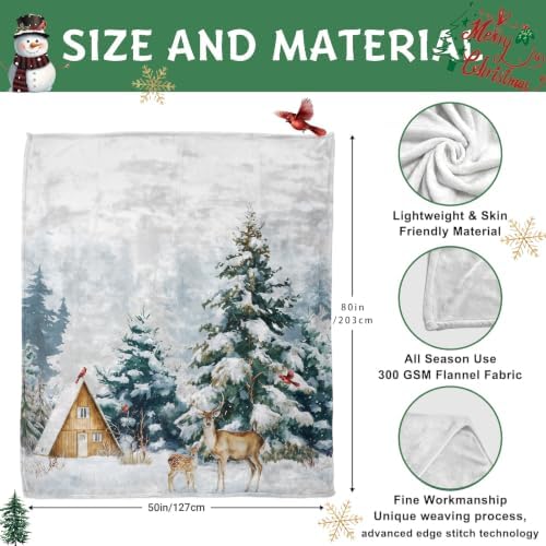 Winter Deer Throw Blanket, Snow Forest Flannel, 80 x 60