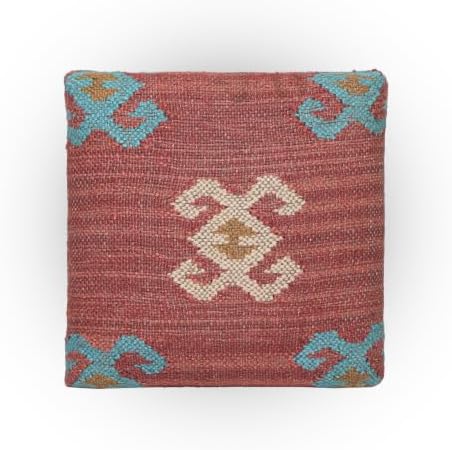 Handmade Jute Ottoman Stool with Wooden Legs | Square Upholstered Foot Rest & Accent Seating | Woven Vanity Stool for Living Room, Bedroom, Hall, Entryway & Home Décor (Red)