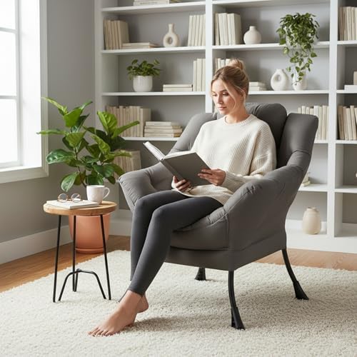 Welnow Lazy Chair for Adults，Modern Reading Accent Chair,Dark Grey Single