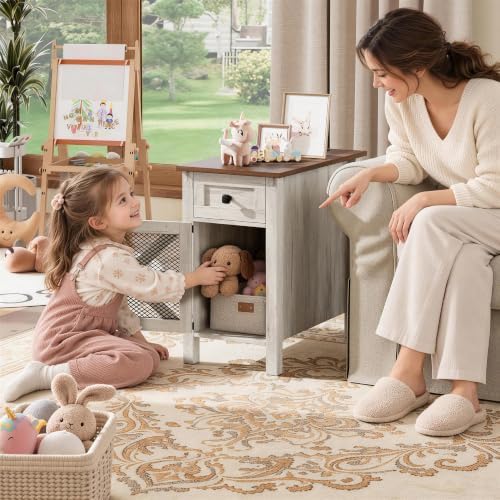 Farmhouse End Table with Charging Station,Narrow Side Tables with Storage
