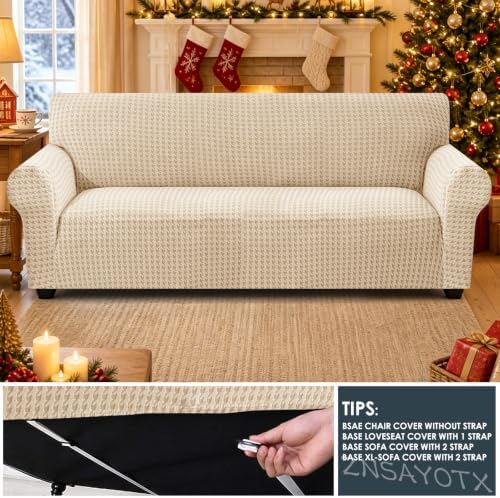 ZNSAYOTX 1 Piece Stretch X-Large Couch Cover (92"-112") New-Houndstooth Texture, Thick Sofa Covers for 3 Cushion Oversized Couch Universal Sofa Slip Cover with Elastic Bottom & Buckle, Khaki