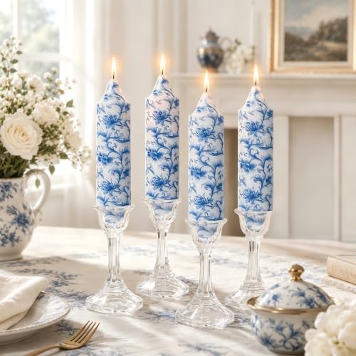 NJAO HOO Floral Taper Candles 5 Inch Short Candlesticks Hand Printed Blue and White Floral Candlesticks Unscented Tapered Candle Set for Spring Home Garden Decor, 4Pcs