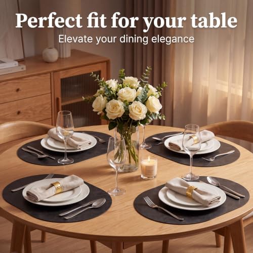 Oval Placemats Set of 4, Wipeable Faux Leather, Dark Grey