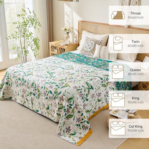 VANJOROY Boho Throw Blanket, 100% Organic Cotton Breathable Skin-Friendly Ultra Soft 50" x 60" Bed Quilt Throw - Floral Rustic Decor Luxury Reversible Blanket for Sofa Couch Chair and Gift,