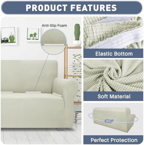 JIVINER High Stretch Loveseat Sofa Slipcovers 1-Piece Jacquard Couch Covers for 2 Cushion Couch Furniture Protector Washable Sofa Covers for Kids Pets Small Checks (Loveseat, Natural)