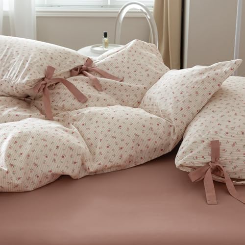 Floral Print Duvet Cover Full Size Cottage Pink Striped Bedding Set 3pcs