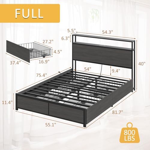 Lifezone Full Bed Frame with 2-Tier Storage Headboard, Metal Platform Bed Frame with 4 Storage Drawers, Built in Charging Station & LED, Noise-Free/Metal Support/No Box Spring Needed, Rustic Grey