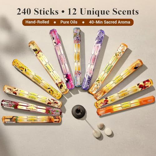 Tulasi Incense Sticks Pack of 12 Natural Scent (240 Sticks) Variety Fragrance of Coconut, White Sage, Red Rose, Palo Santo Lavender & Cinnamon etc, Ideal for Meditation & Positive Vibes