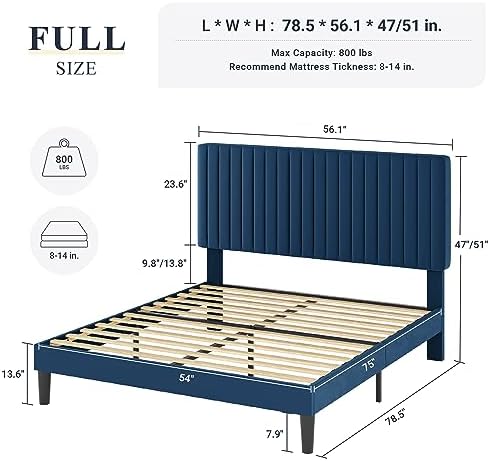 Allewie Full Bed Frame, Velvet Upholstered Platform Bed with Adjustable Vertical Channel Tufted Headboard, Mattress Foundation with Strong Wooden Slats, Box Spring Optional, Easy Assembly, Navy Blue