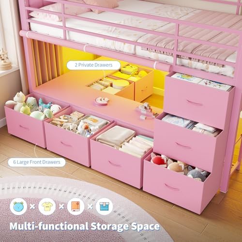 DICTAC Low Loft Bed Twin Size with 8 Storage Drawers, LED Lights, Twin Loft Bed with Upholsterd Headboard, Inclined Ladder&Play Curtain, Kids Loft Bed with Safety Guardrail, Under-Bed Play Area, Pink