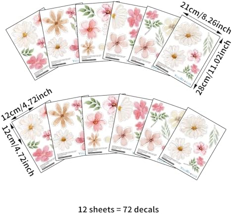 Watercolor Daisy Wall Decals for Girls Room, Peel and Stick